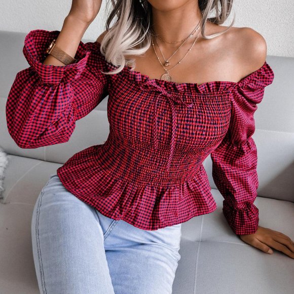 Plaid Off Shoulder Women Blouse - Picture 4 of 4